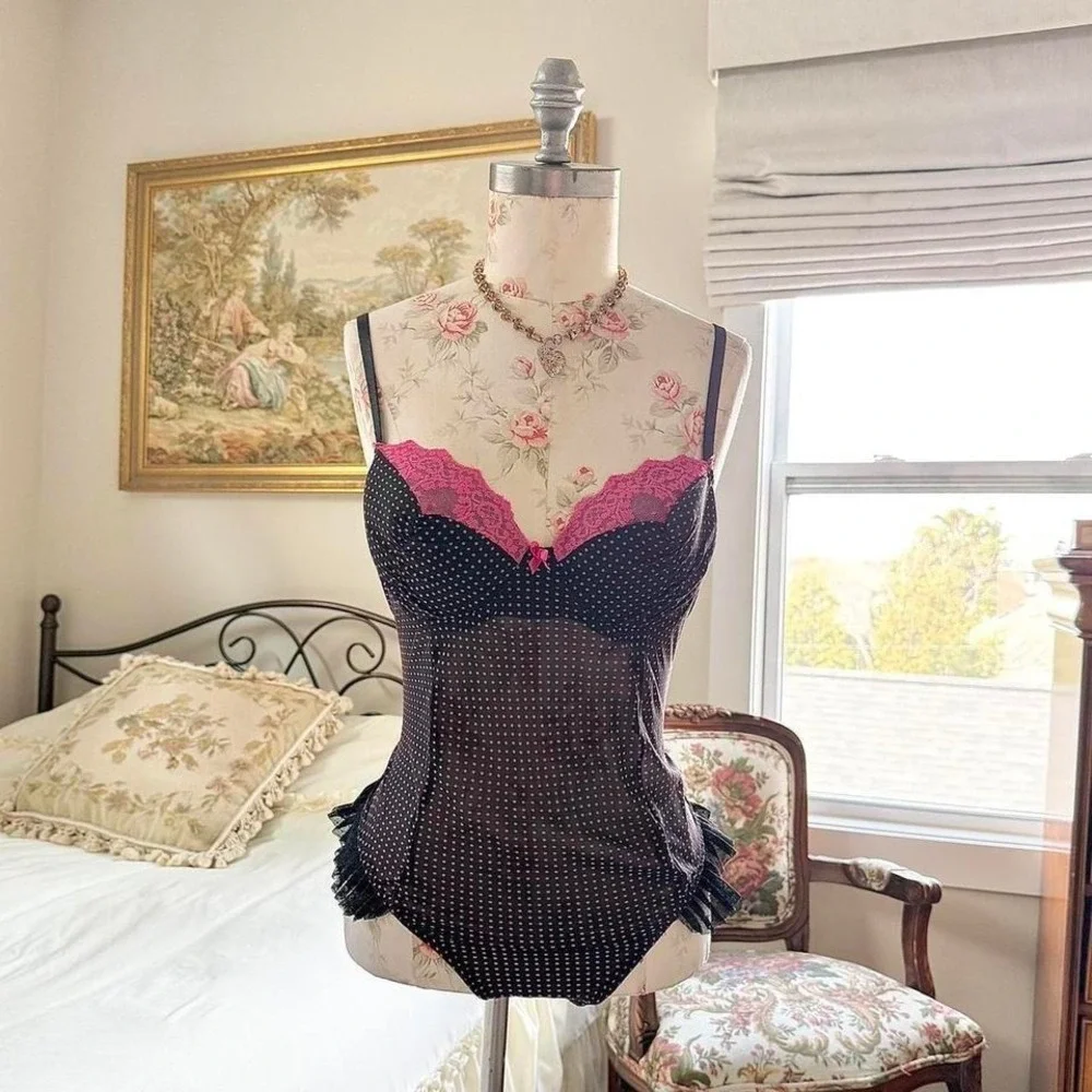 Y2K ambrielle black pink polka dot lace‎ bodysuit size large